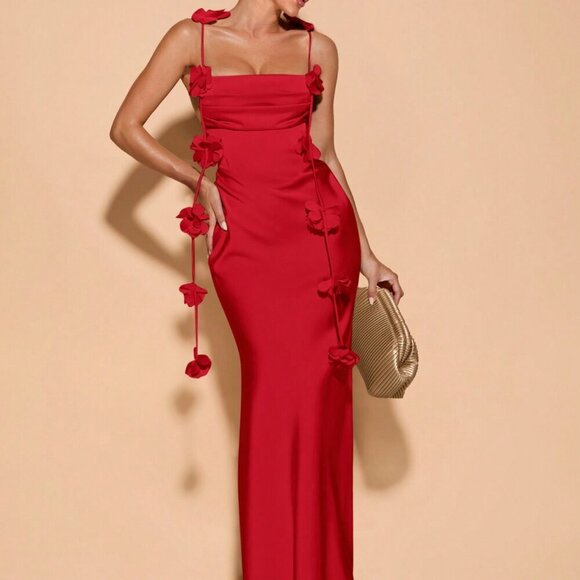 Red Elegant Womens Floral Backless Spaghetti Strap Draped Neck maxi Dress - Picture 5 of 5